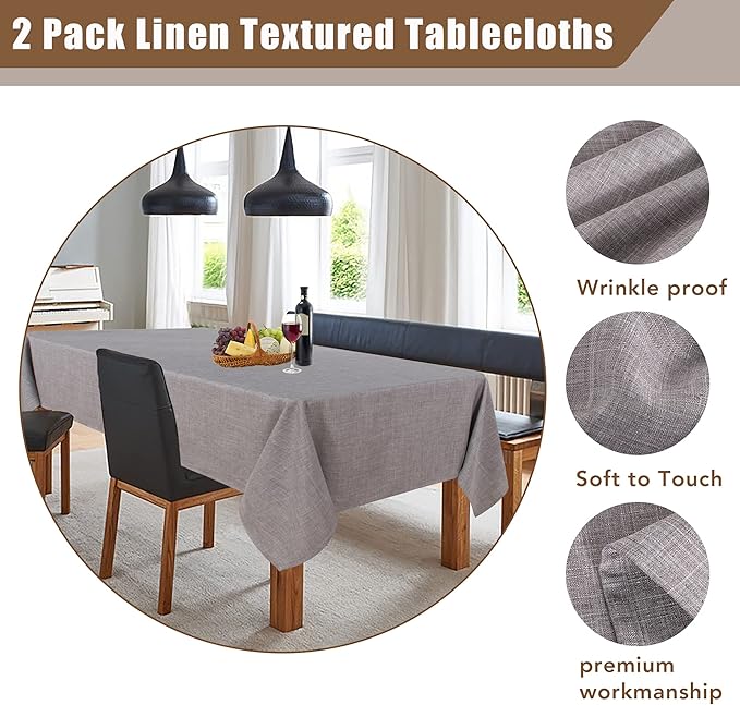 Fitable Faux Linen Tablecloths Rectangle 60 x 120 Inch - 2 Pack Neutral Table Clothes for 8 Foot Tables, Stone Flax Look Kitchen Table Covers for Farmhouse, Dining, Party, Banquet, Buffet