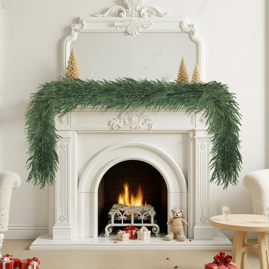 2 Pcs 9FT Artificial Norfolk Pine Garlands, Real Touch Thick Christmas Norfolk Greenery Garland for Mantle Banister Dinner Table Decor