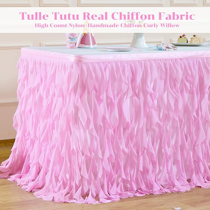 PARTISKY Pink Tulle Curly Willow Table Skirt for Rectangle Table 6ft, Ruffle Tutu Table Cloth for Girls Baby Shower,Birthday Party Candy Cake Tables