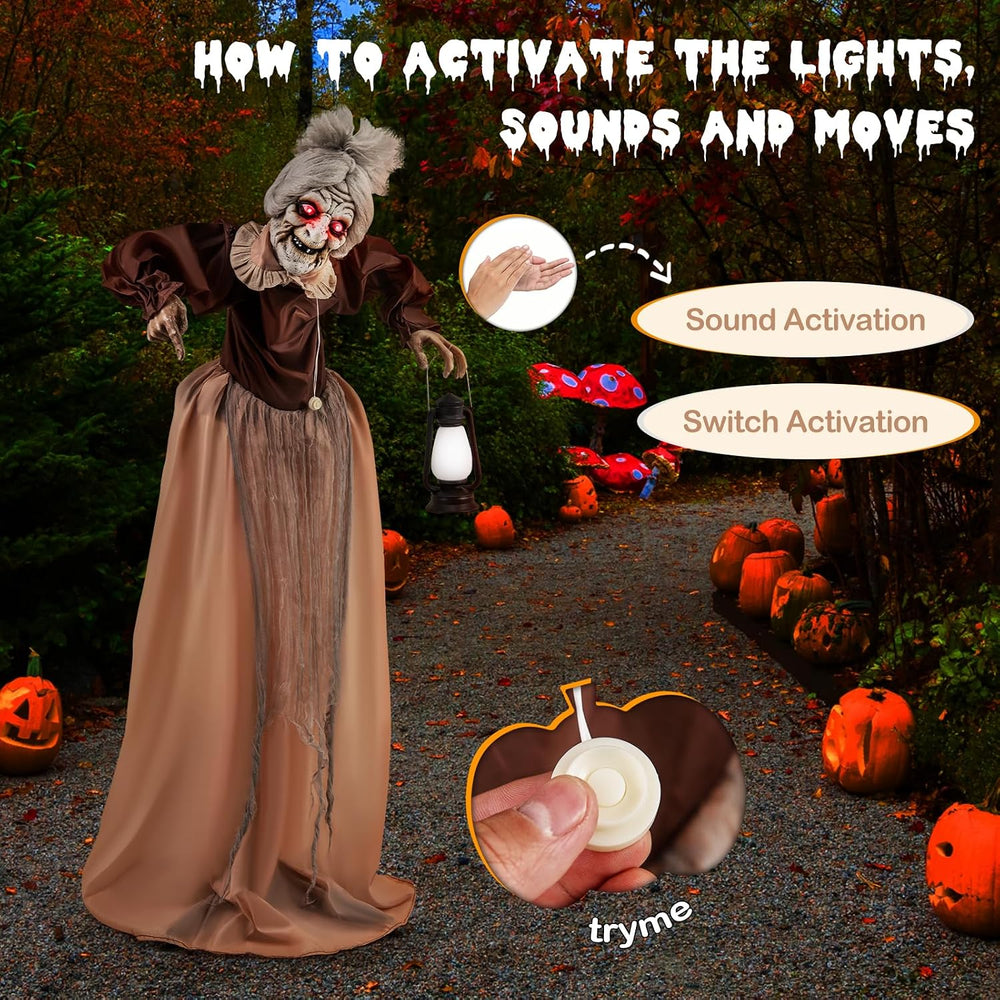 Tangkula 5 FT Halloween Standing Animated Old Lady Holding Lantern