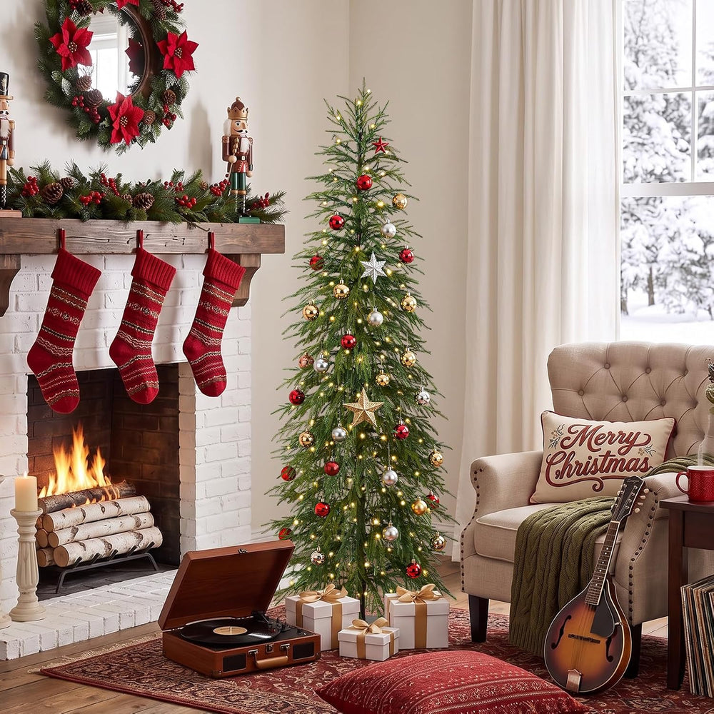 7ft Pre-Lit Artificial Slim Christmas Tree for Indoor Decor