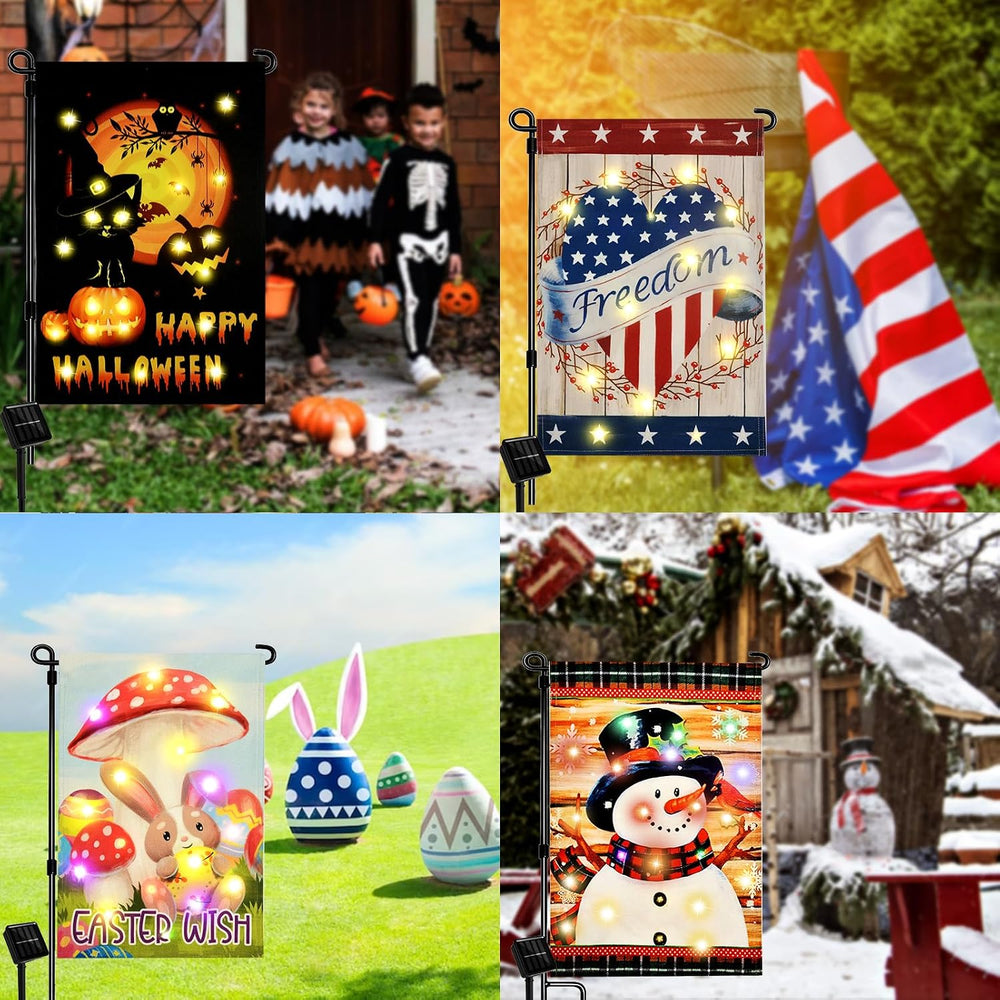 Seasonal Garden Flags Set of 12, Lighted Solar, 12x18 In