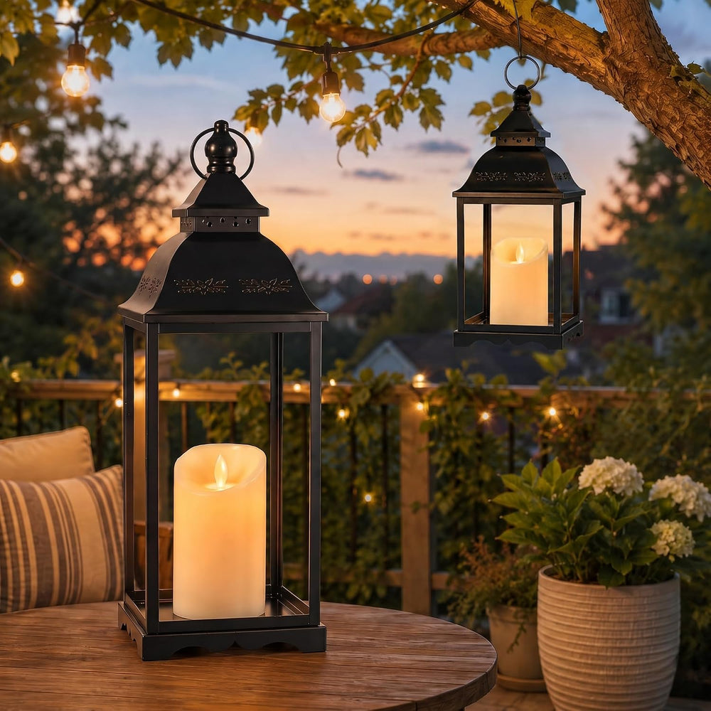 Decorative Metal Lanterns Outdoor Indoor, Set of 2 Black Candle Lanterns