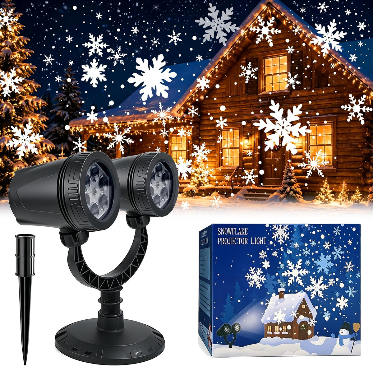 Christmas Double Head Snowflake Projector Lights,Indoor Outdoor LED Dynamic Snowflake Lights IP65 Waterproof, for Christmas Decoration, Holiday, Wedding, Yard Decor