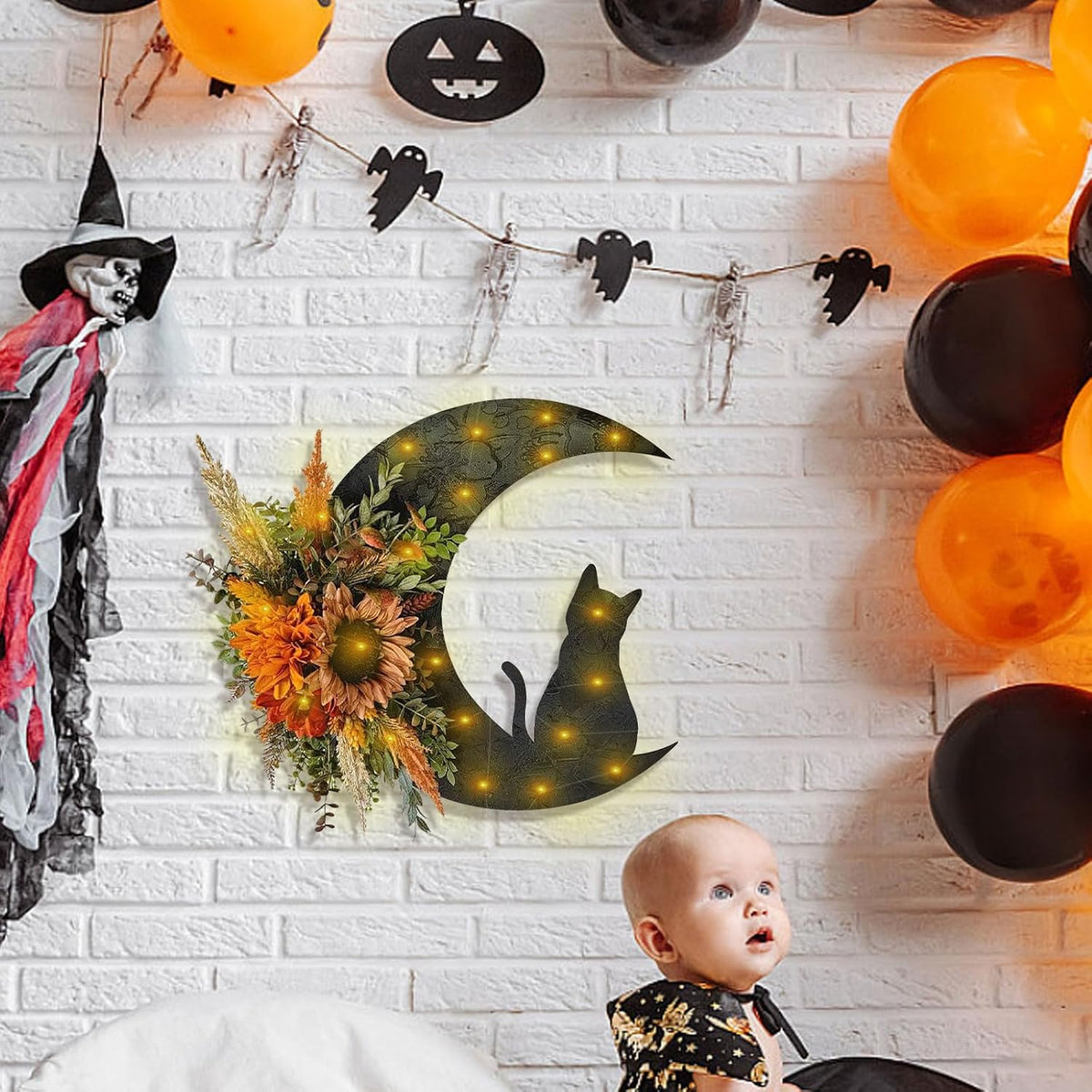 halloween wreath, cat moon decor, fall door hanger, close-up detail