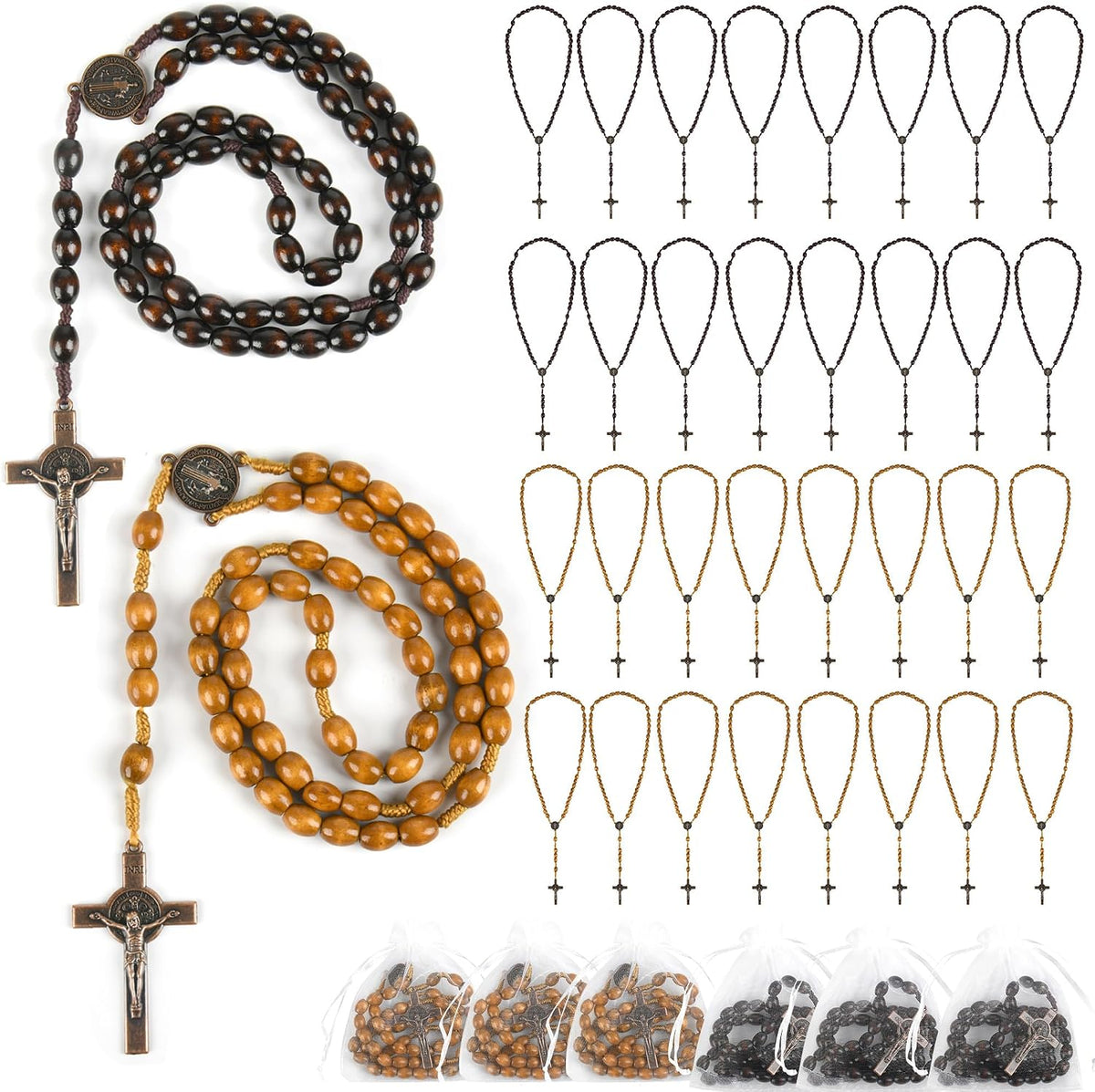 60 Set Wooden Rosary Beads Bulk Wood Rosaries Catholic Beads for Men Women Jesus Holy Crucifix Cross with Organza First Communion Baptism Favors Religious Christians Prayer Church Presen (Multicolor)