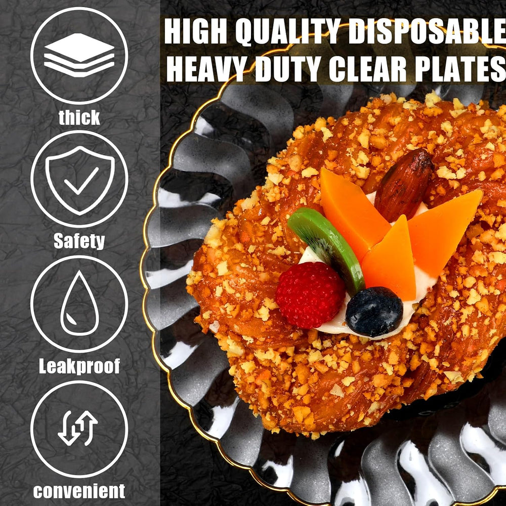Hushee 100 Pcs 6'' Plastic Plates with Gold Trim Dessert Plates, Clear