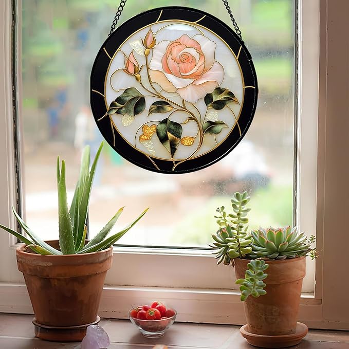 Stained Glass Window Hanging - Black White Pink Rose Sun Catcher for Door Home Decor Flower Suncatcher Christmas Mother's Day Birthday Gifts for Women Men Lovers Mom Nana 11.8 in