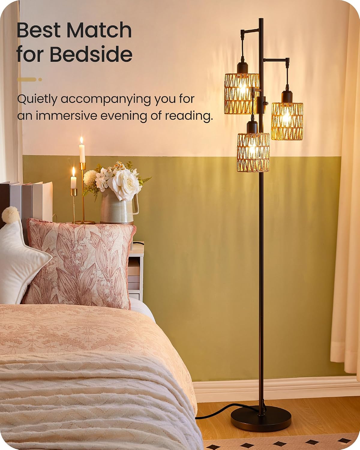 Dimmable Floor Lamp, Farmhouse Tall Standing 70.3" Tree Lamp with 3 Rope Woven Lampshades, Boho Rattan Floor Lights, 4W 3 LED Bulbs Included, for Living Room, Bedroom, Study, Office B03LD05
