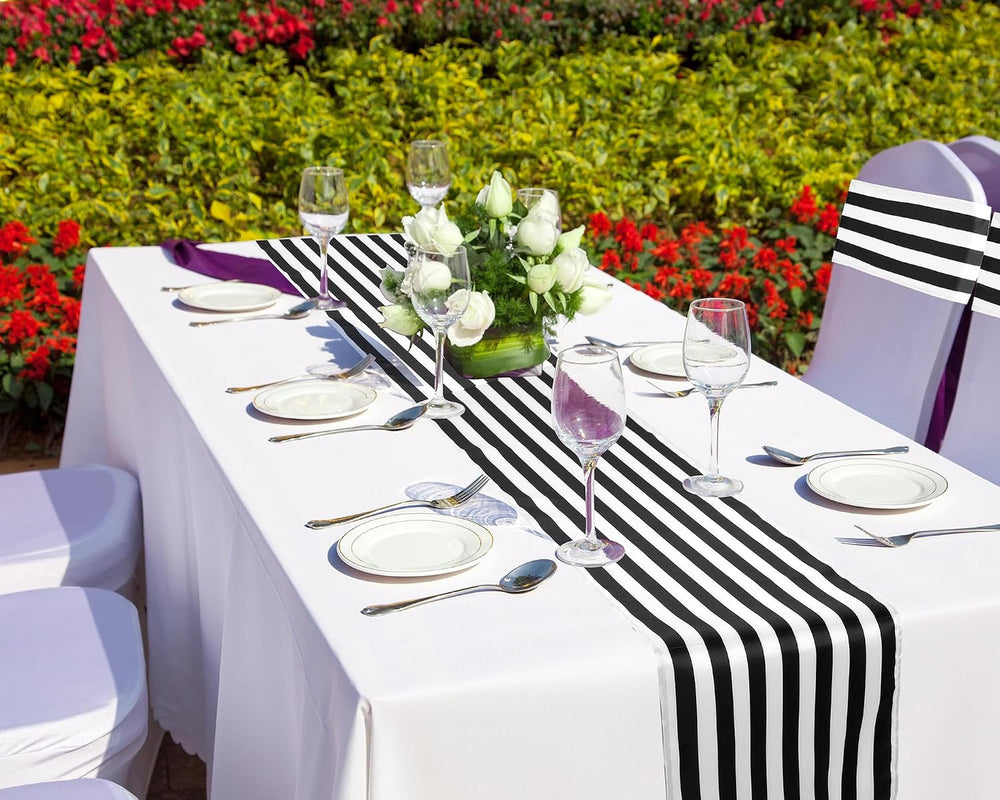Newwiee 54 Pcs Chair Sash and Table Runner Black and White Striped