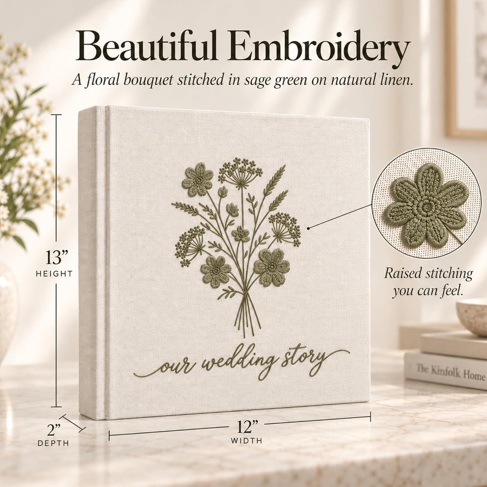 Embroidered Wedding Photo Album 4x6 Pictures, Large Linen Floral Scrapbook