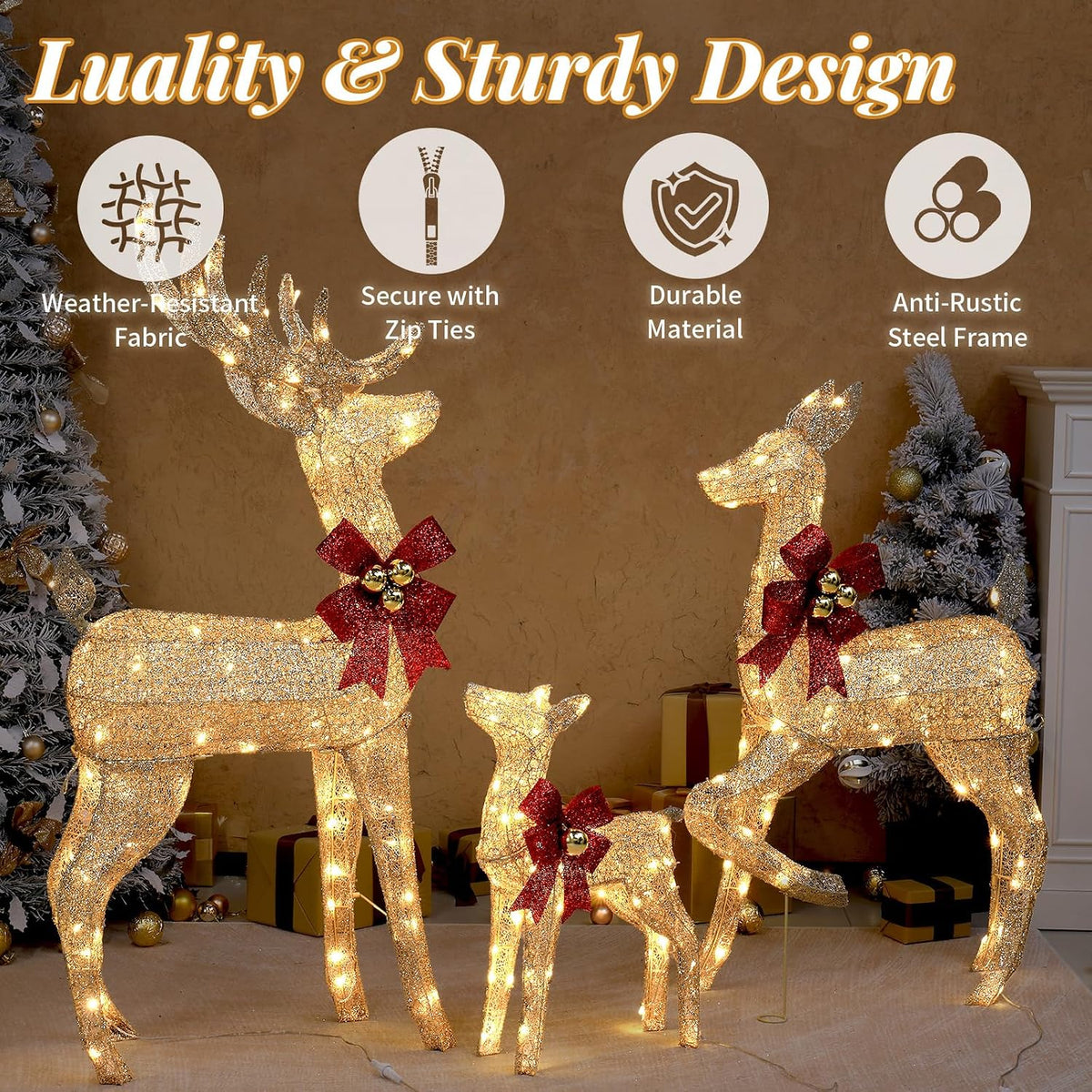 vingli 4ft golden lighted christmas reindeer family set, close-up detail
