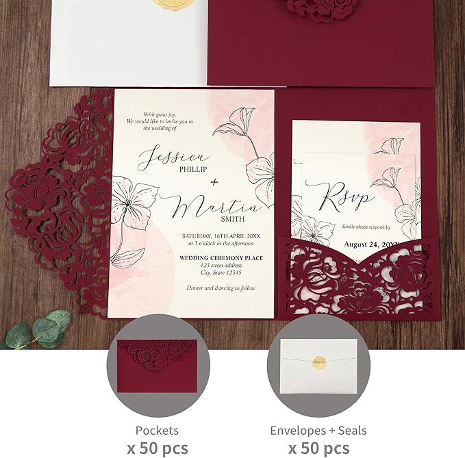 DORIS HOME 50pcs Laser Cut Wedding Invitation Pockets with Envelopes Burgundy, 5.12" x 7.12"Invitation Cards for Wedding, Anniversary (No Inserts Included)