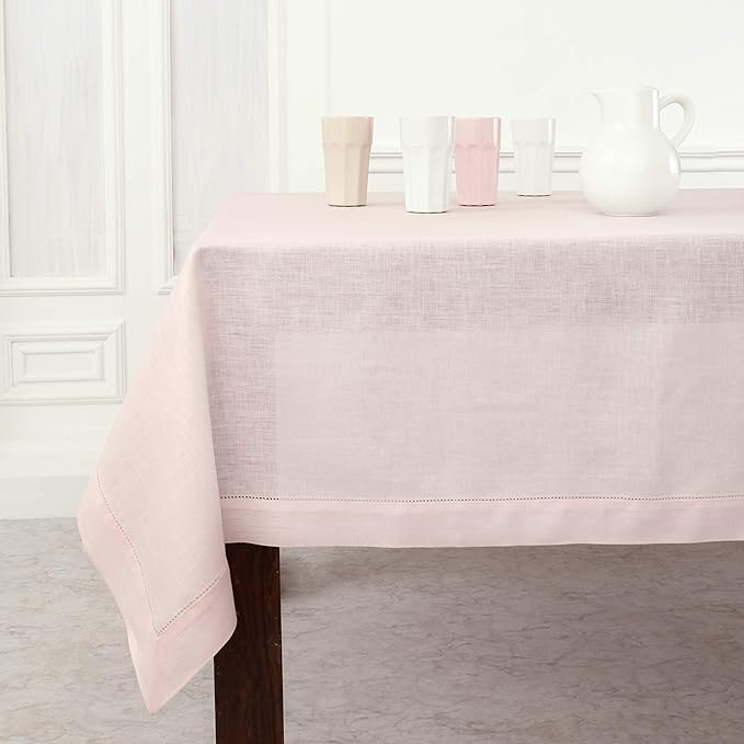 Solino Home Linen Tablecloth 60 x 108 Inch - Classic Hemstitch 100% Pure Linen Pink Table Cloth for Rectangle Tables - Machine Washable Tablecloth for Halloween