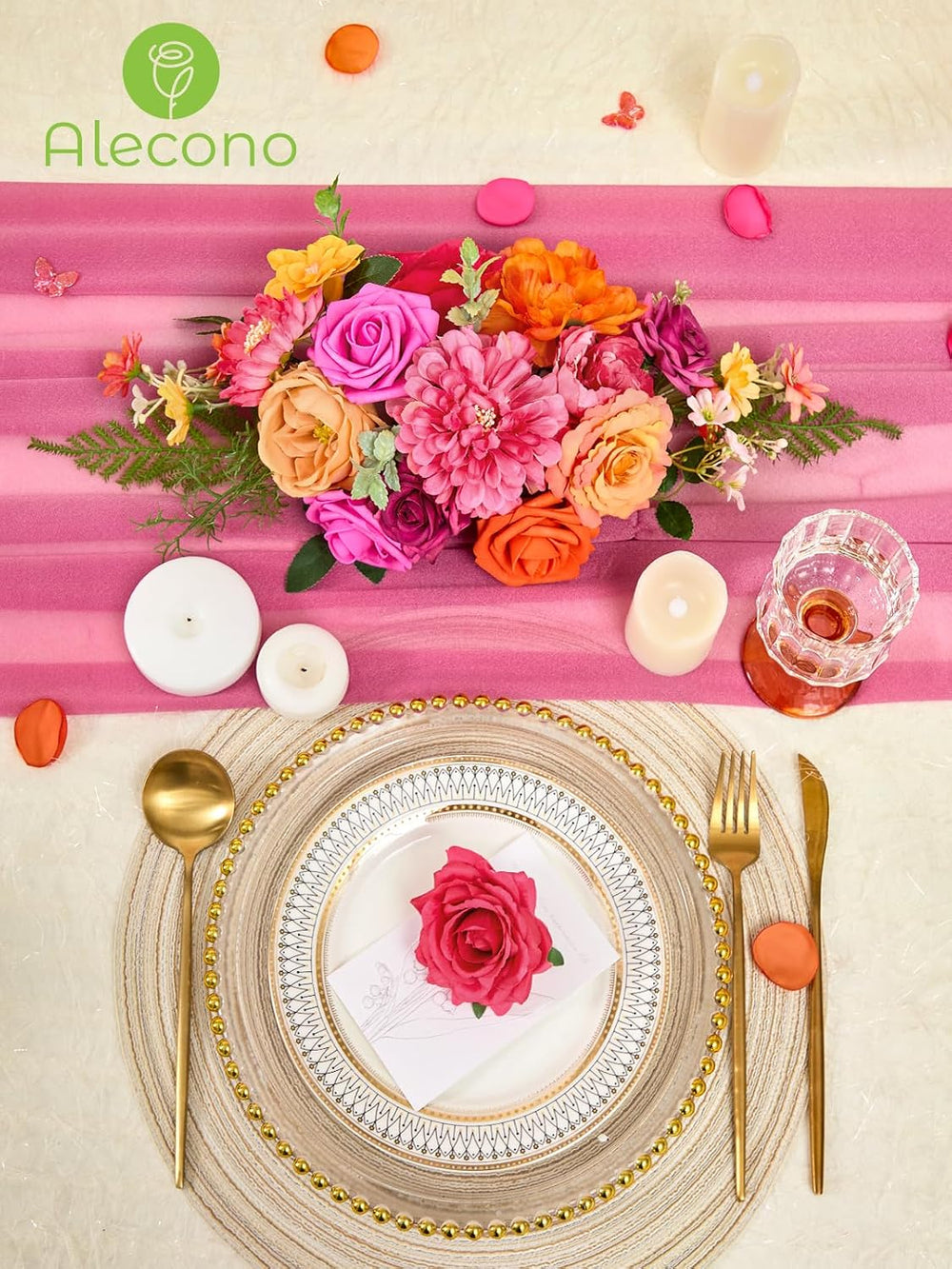 Alecono Orange and Hot Pink Artificial Flowers, Silk Fake Floral Set