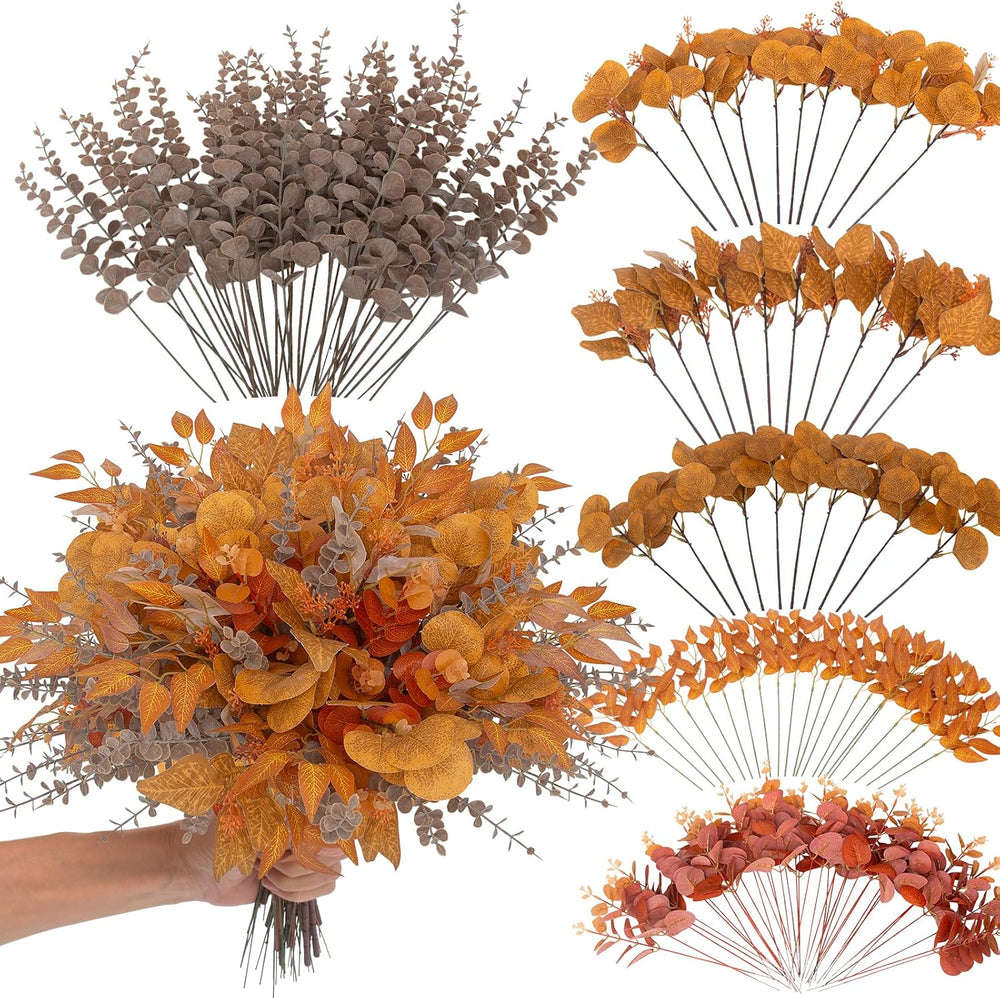lovemoon 130 Pcs Fall Mixed Greenery Artificial Eucalyptus Stems, Orange