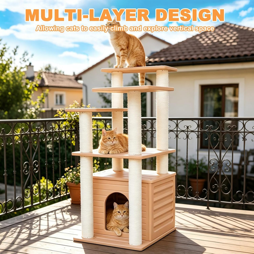 46" indoor&outdoor cat tower,weatherproof cat condo with scratching, side view