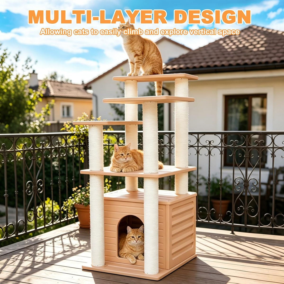 46" indoor&outdoor cat tower,weatherproof cat condo with scratching, side view