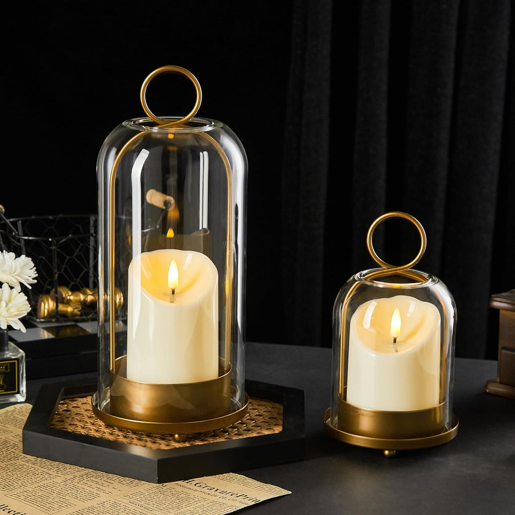 5"&4" Metal Candle Holder with Handmade Glass Dome in Brass & 2 Timer Candles, Set of 2 Versatile Hurricane Glass Candle Holders for Pillar Candles & Plants