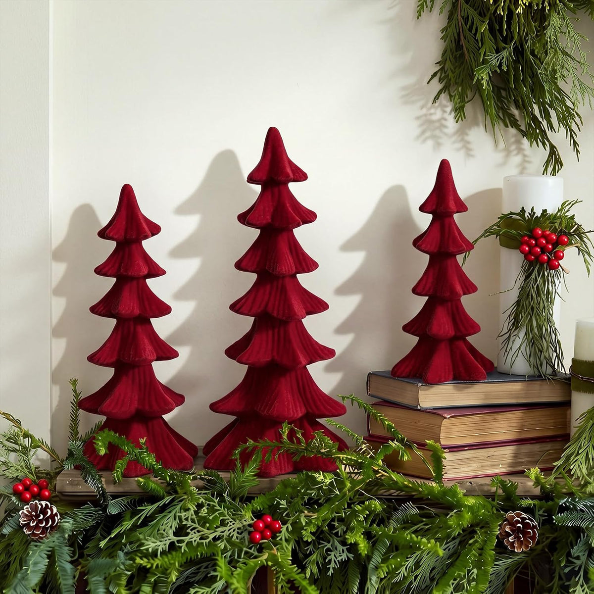 Newwiee 3 Pcs Christmas Velvet Trees Velvet Tabletop,Claret