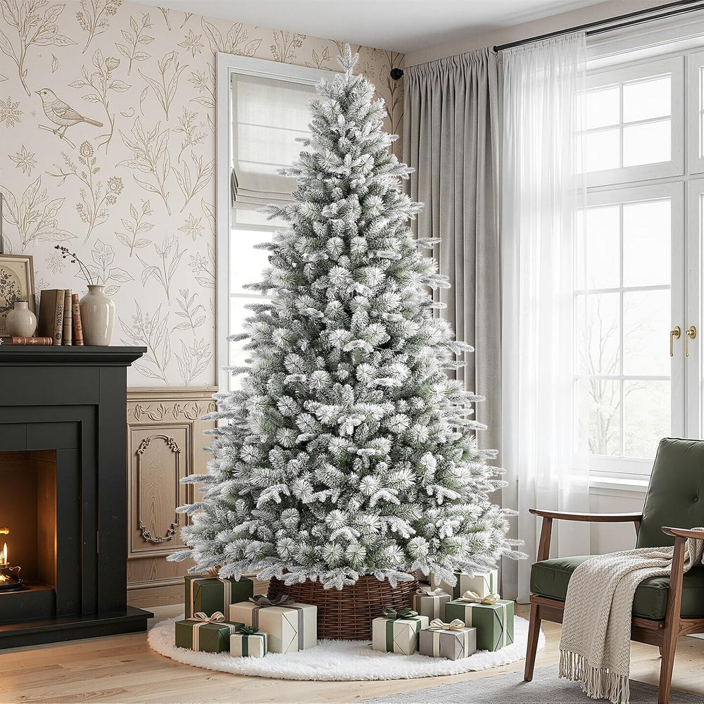 SHareconn 7FT Prelit Artificial Snow Flocked Christmas Tree with Lights