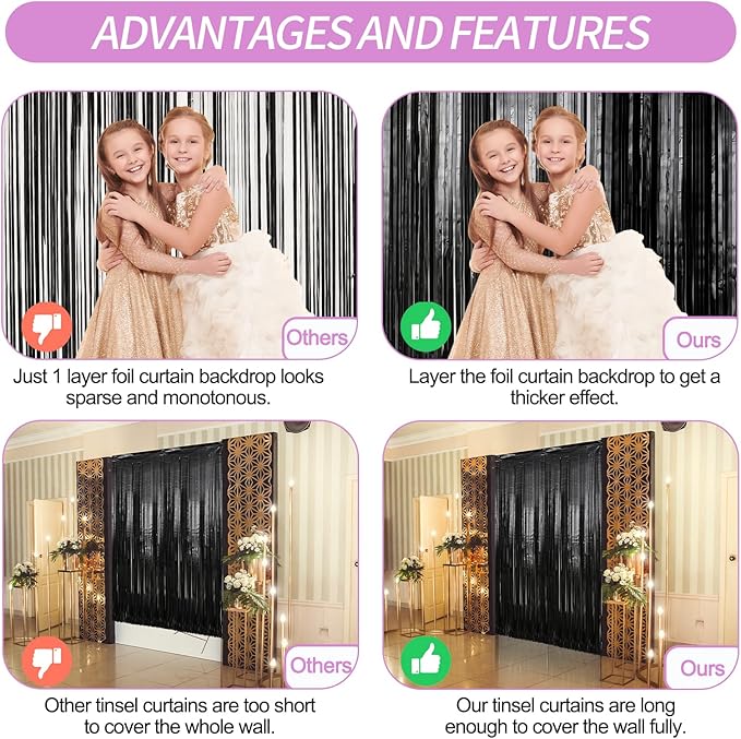 Crosize 4 Pack 3.3 x 9.9 ft Black Foil Fringe Backdrop Curtain, Streamer Backdrop Curtains, Streamers Birthday Party Decorations, Tinsel Curtain for Parties, Photo Booth Backdrops, Party Décor