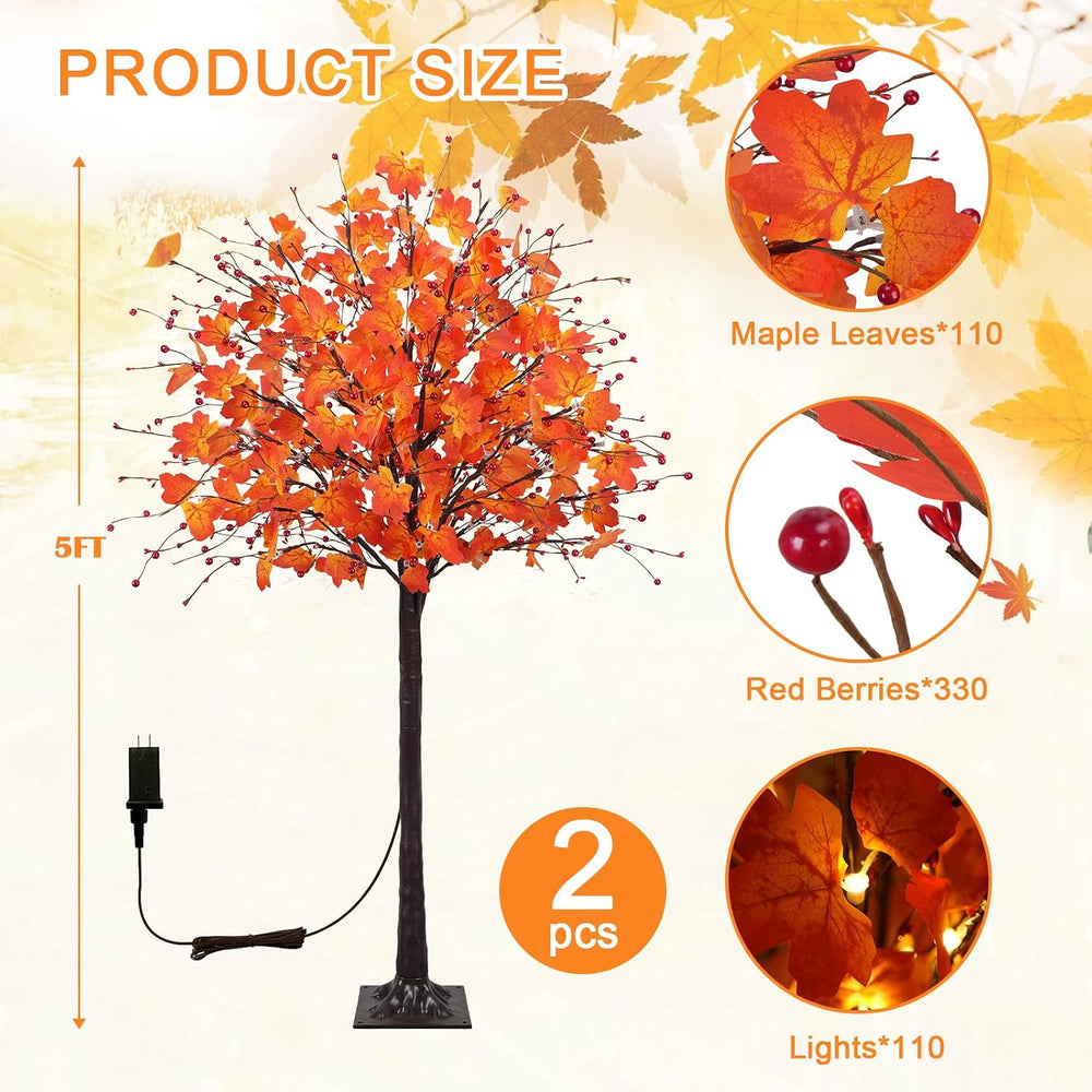 2 Pack 5FT Fall Trees with Lights Maple Tree 220LED-Remote Control&Timer