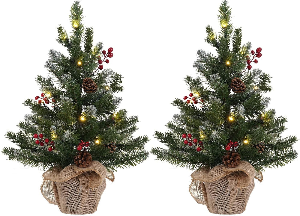 MEETYAMOR 2 FT Mini Christmas Tree, Set of 2 24" PE Prelit Small Artific...