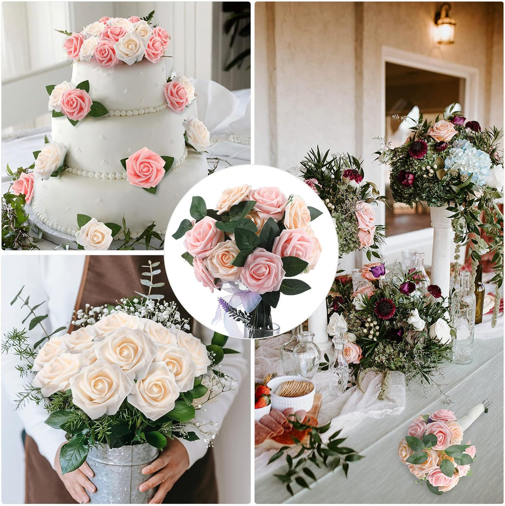 100 Pcs Artificial Rose Flowers, Pink, Champagne