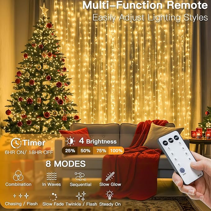 suddus 900 LED Christmas String Lights Outdoor, 9.8x29.5ft Curtain Light Plug in with Remote, 8 Modes Wall Hanging Lights for Christmas,Dorm,Wall，Window,Wedding,Party,Birthday Decor,Warm White
