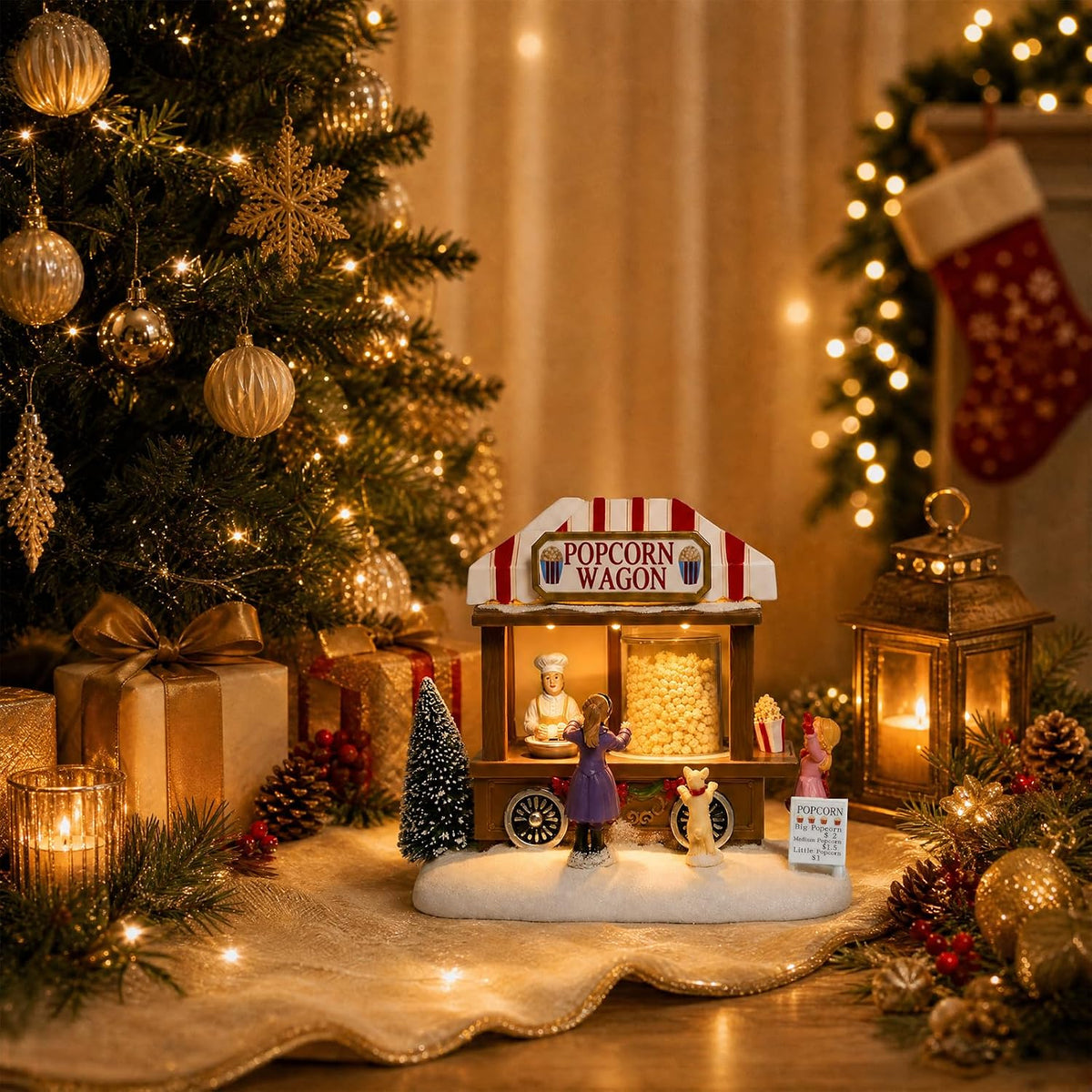 MUMTOP Christmas Village House, Animated Popcorn Wagon with Light and Music