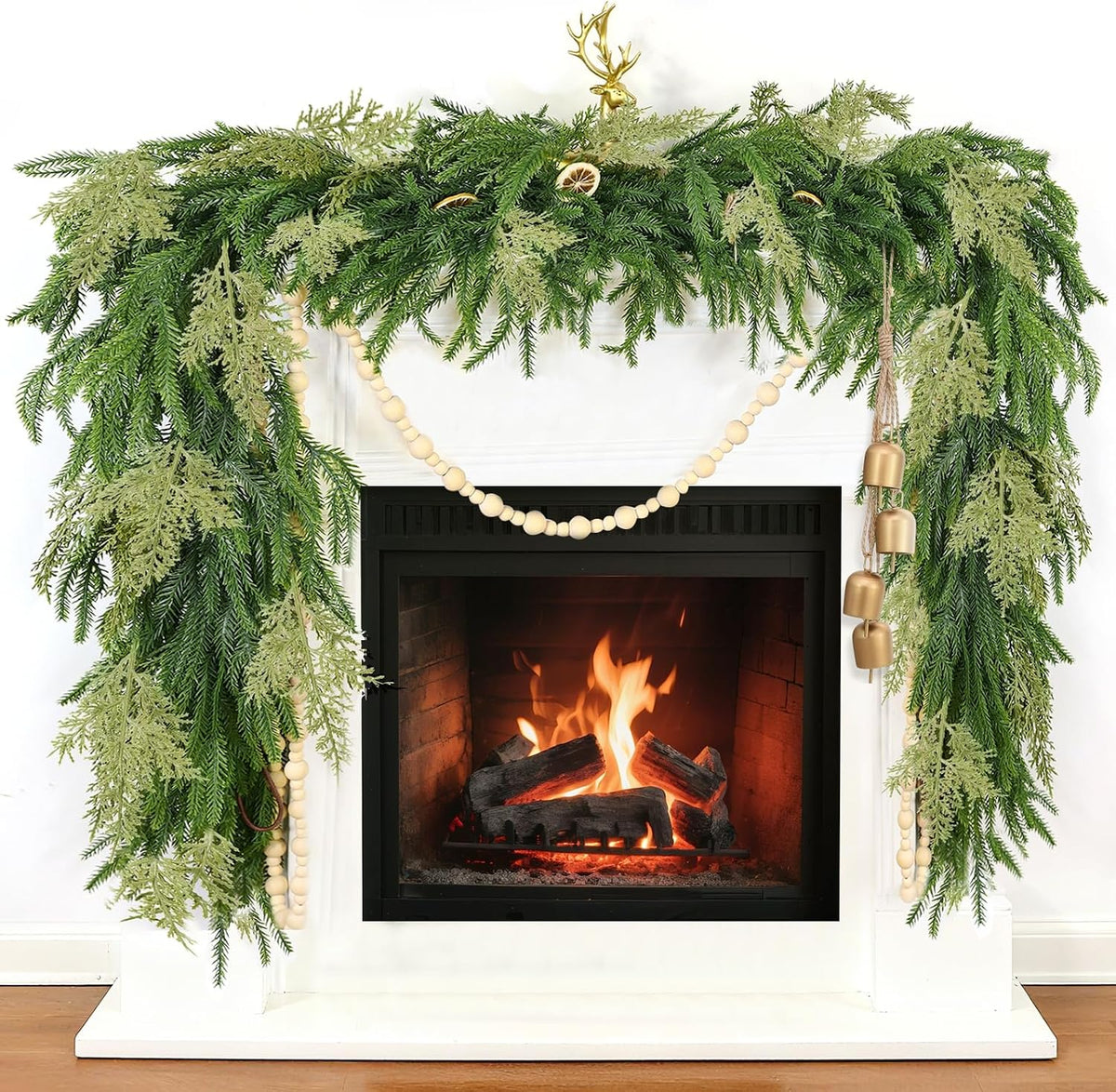Extra Thick&Lush - 6Ft by 12 Inch Artificial Garland Norfolk Pine Garland, Real Touch Cedar Garland, Realistic Soft 120 Branch Tips Pine&Cedar Faux Greenery Cypress Garlands for Mantle Outdoor Indoor