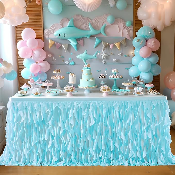 Partisky Aqua Blue Tulle Curly Willow Table Skirt for Rectangle Table 6ft, Ruffle Tutu Table Cloth for Boys Baby Shower,Birthday Party Candy Cake Tables
