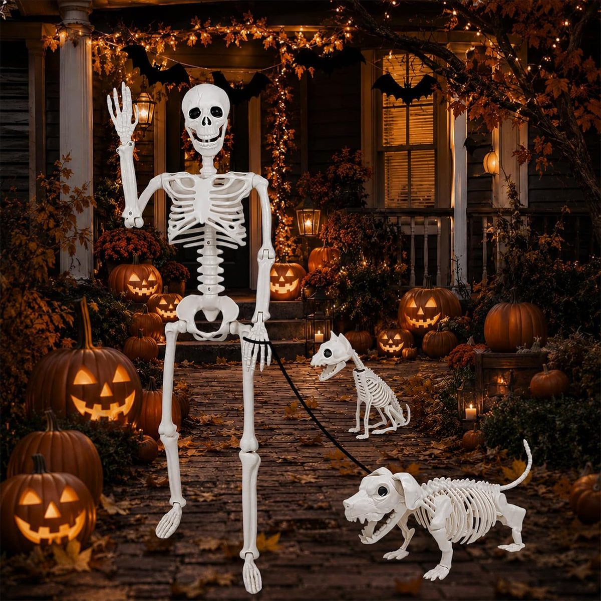 36" Halloween Skeleton Decorations - 3FT Posable Skeleton with Dog & Cat