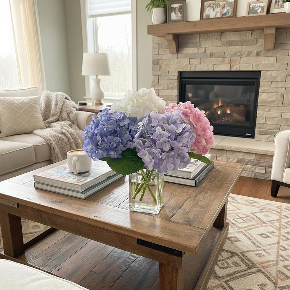 Hydrangea Artificial Flowers with Glass Vase, Real Touch Bouquet