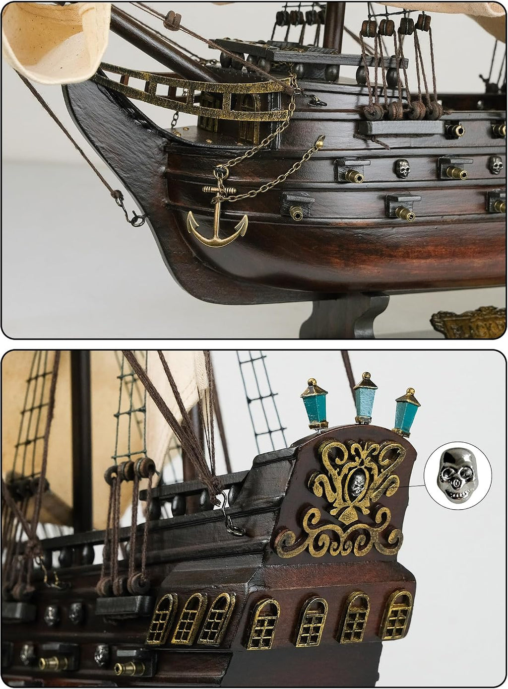 SAILINGSTORY Wooden Pirate Ship Model Black Pearl Beige Sails 20.5"