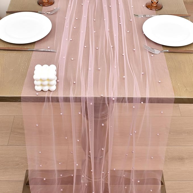 Joanlody Fall Pearl Table Runner 10ft Rustic Boho Tulle Table Runner with Pearls for Baby Shower Wedding Party Veil Dessert Thanksgiving Table Decor Dusty Rose 4pcs