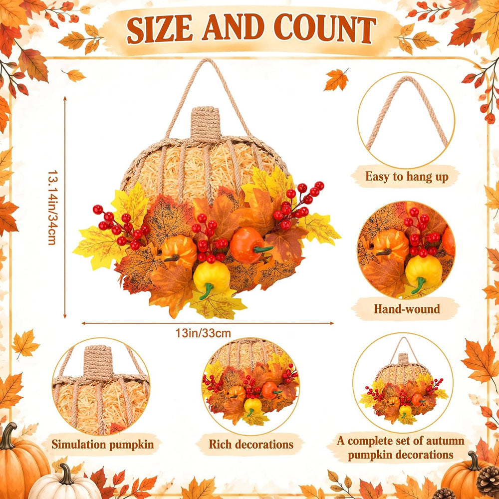 13 Inch Fall Pumpkin Wreath for Front Door, Artificial Pumpkin Maple Leaves