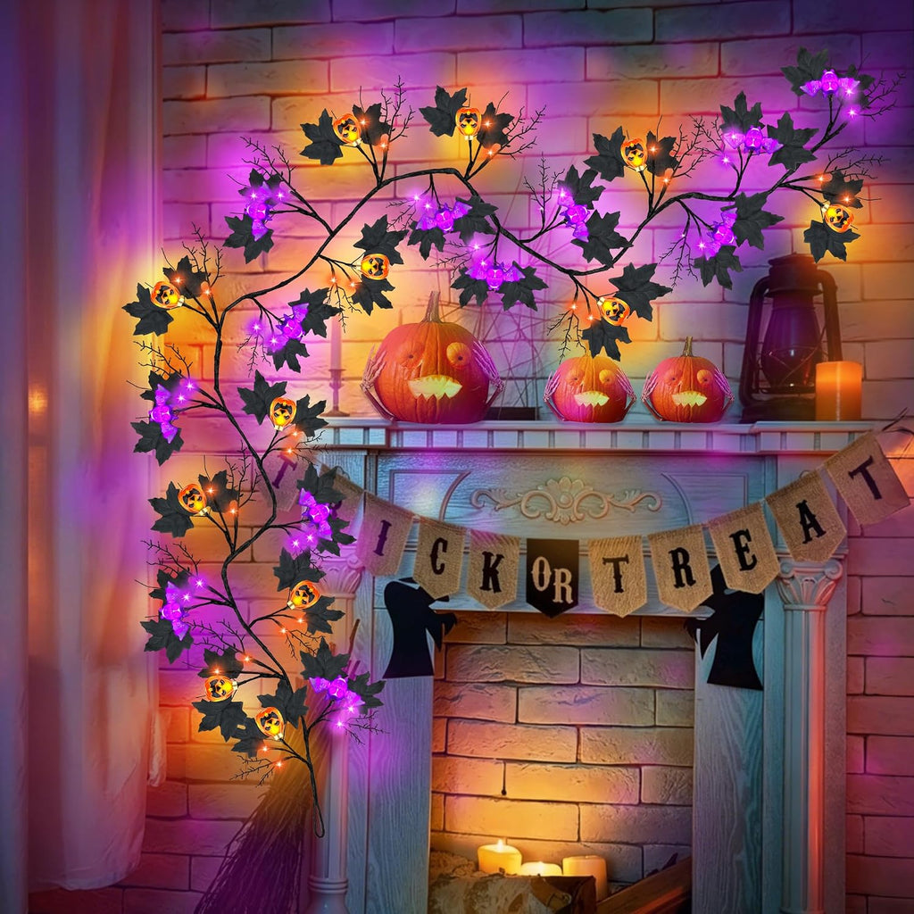 9FT 72 LED Halloween Willow Vine Twig Decor Black Halloween Garland with Pumpkin Bat Orange & Purple Light, 8 Modes Waterproof Battery Operated Halloween Lights Indoor Halloween Decorations Wall Table