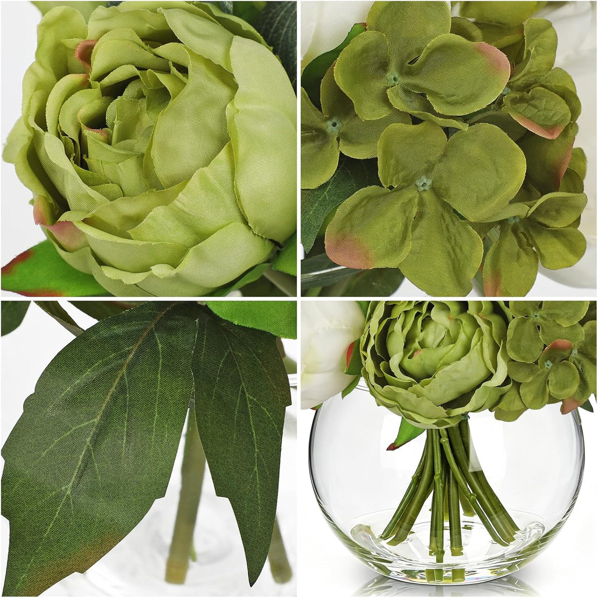 Hollyone Peonies Artificial Flowers in Vase White Green Peony Hydrangea Fake Flowers Silk Flower Arrangements with Glass Vase with Faux Water for Home Decor Bathroom Table Centerpiece Decorations