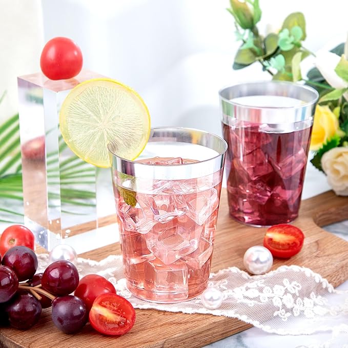 DaYammi 200 Pack Silver Plastic Cups 10 Oz Clear Plastic Cups Silver Rimmed Disposable Wine Glasses Heavy Duty Disposable Tumblers Drinking Cocktail Glasses for Party Wedding