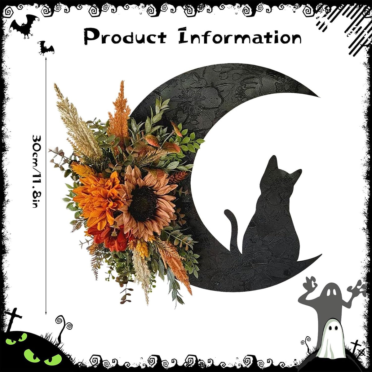 halloween wreath, cat moon decor, fall door hanger shown in use