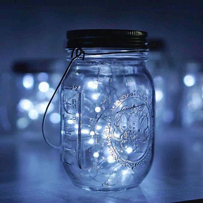 Solar Mason Jar Lights, 12 Pack 30 LED Waterproof Lid Light with Hangers (No Jar), Fairy Firefly Outdoor String Lights for Regular Mason Jar, Patio, Yard, Garden, Wedding Decoration (Cold White)