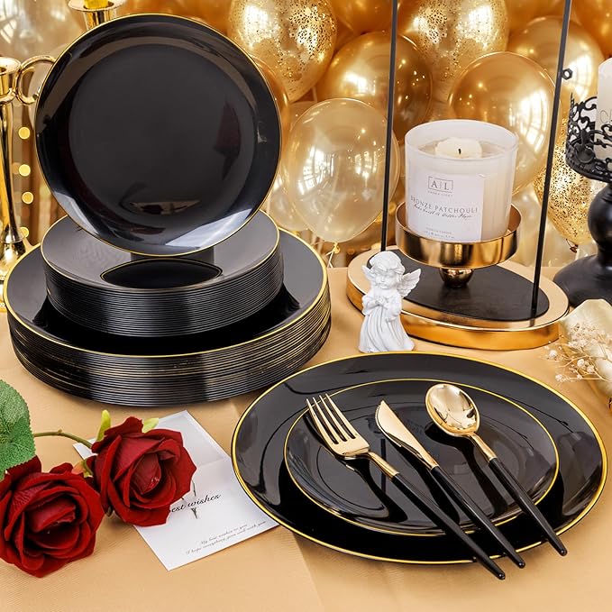 150pcs Black Plastic Plates, Black and Gold Plates,Gold Plastic Silverware,Black and Gold Dinnerware Set,Premiun Taleware,Perfect for Birthday,Party,Wedding,Anniversary