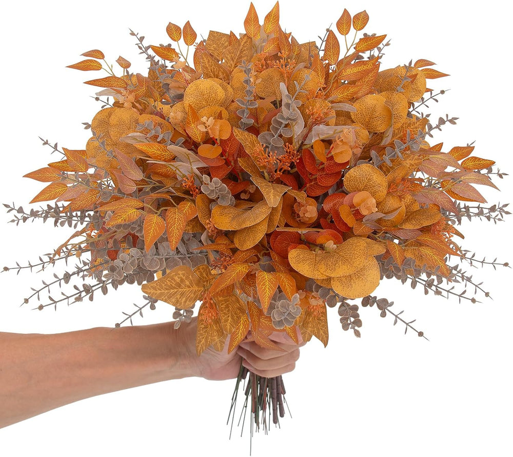 lovemoon 130 Pcs Fall Mixed Greenery Artificial Eucalyptus Stems, Orange