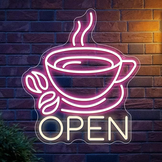 Coffee Cup Open Led Neon Sign For Business Wall Decor, Usb Powered Neon Coffee Signs For Coffee Bar Wall Decor Art Aesthetic Bistro Cafe Restaurant Kitchen Shop Window Welcome Sign
