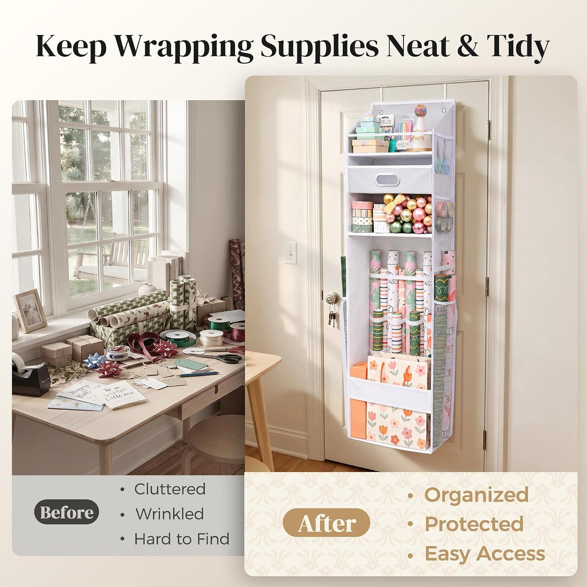 ordovibe wrapping paper storage organizer, over the door, close-up detail