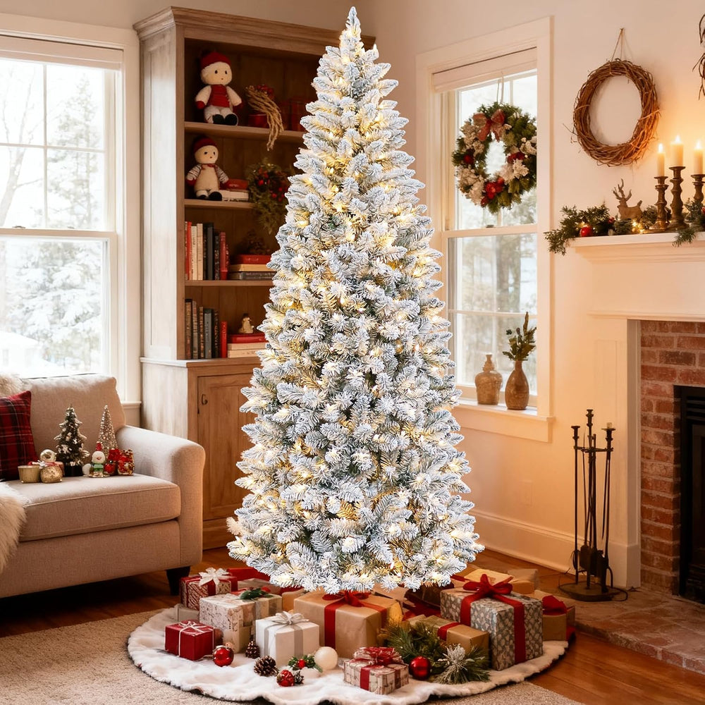 Hykolity 6 ft Pencil Prelit Christmas Tree with Snow Flocked Branches, 200 Wa...