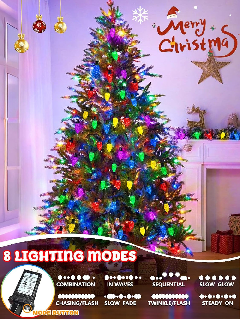 2 Pack Extentable C9 Christmas Lights Outdoor 66 FT 100 LED Multicolored