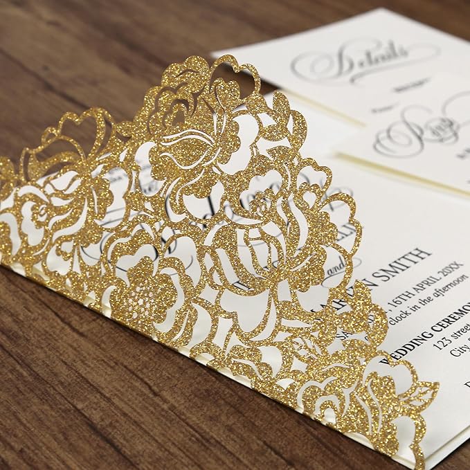 DORIS HOME 50pcs Laser Cut Wedding Invitation Pockets with Envelopes Gold Glitter, 5.12" x 7.12"Invitation Cards for Wedding, Anniversary (No Inserts Included)